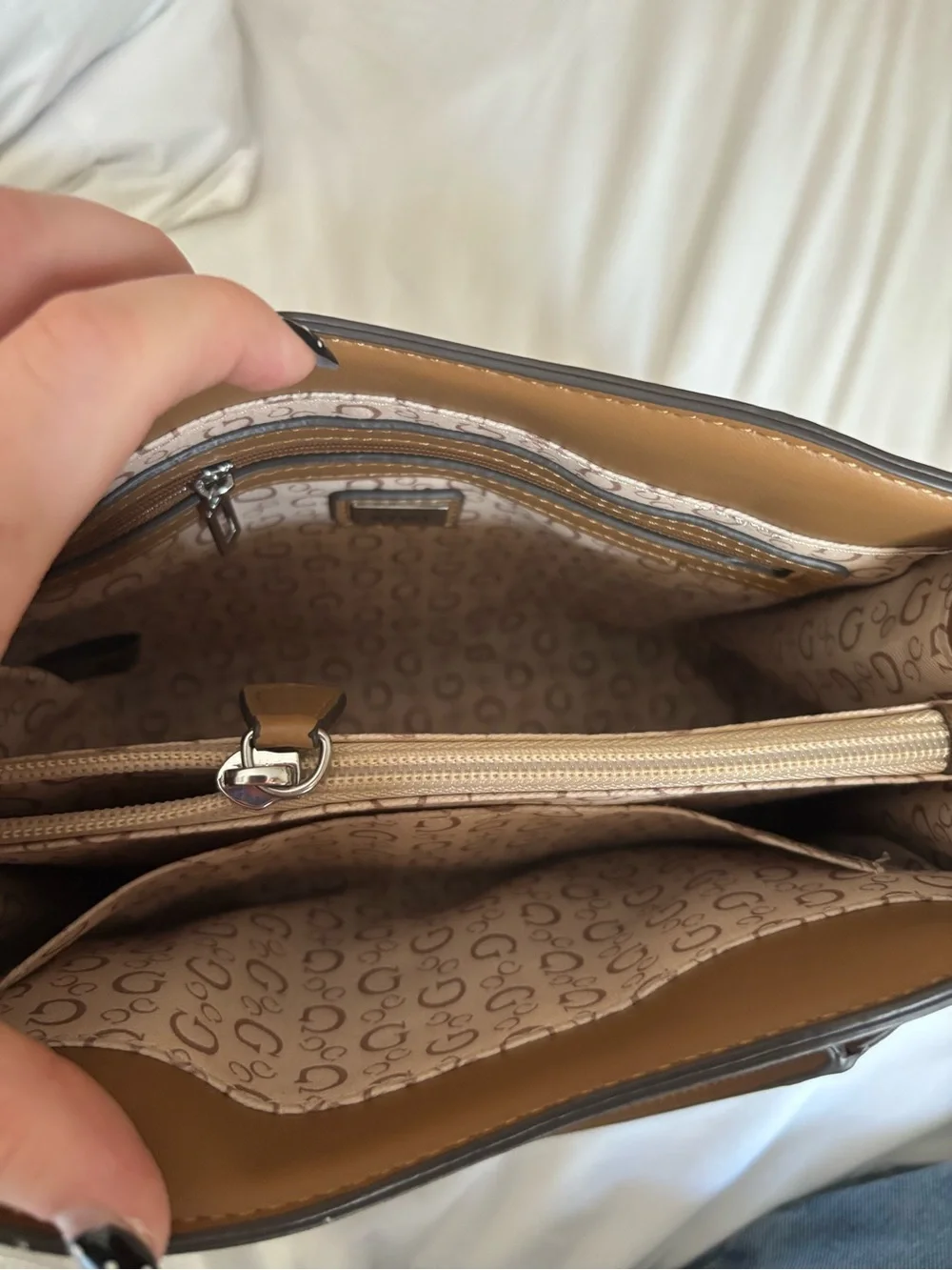 GUESS Tan Logo Chain Accent Satchel/ Hand Bag